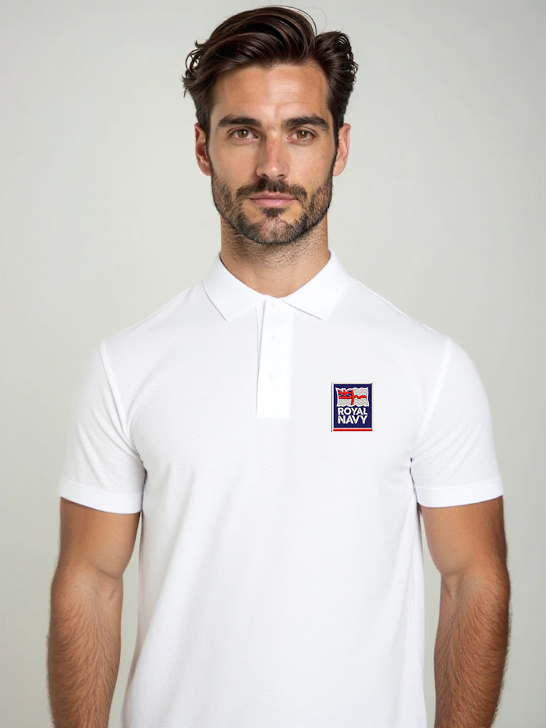 Men’s white Royal Navy polo shirt with premium embroidered Royal Navy crest. Military-style smart casual design made from breathable cotton blend. Perfect for Royal Navy supporters, veterans, and serving personnel.