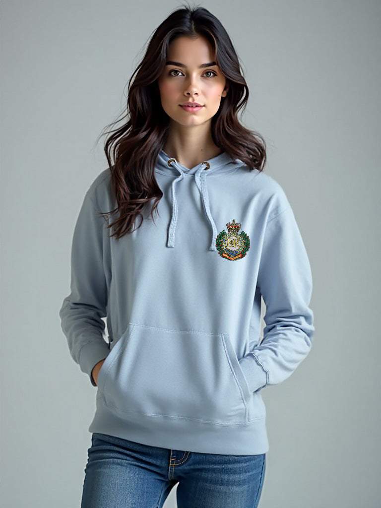 Sky Blue Royal Engineers hoodie featuring premium embroidered Royal Engineers logo, modelled by a female. Ideal for UK veterans, serving Sappers, and proud supporters.