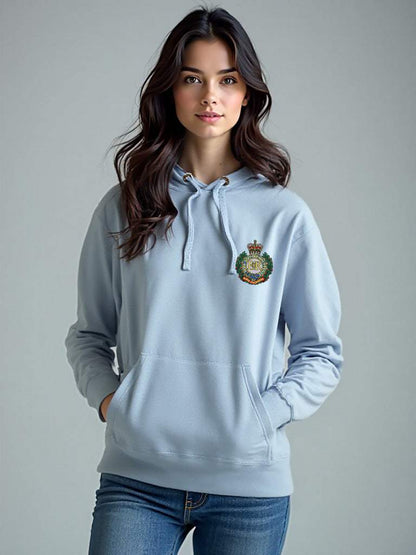 Sky Blue Royal Engineers hoodie featuring premium embroidered Royal Engineers logo, modelled by a female. Ideal for UK veterans, serving Sappers, and proud supporters.