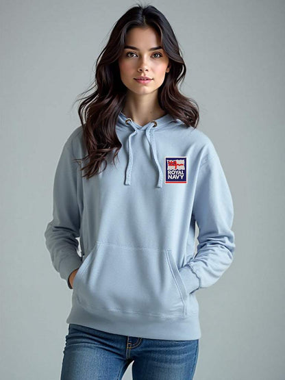 Sky blue Royal Navy Hoodie featuring premium embroidered Royal Navy logo, modelled by a female, perfect military apparel for UK veterans, serving personnel, and supporters.