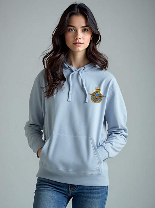Woman wearing Royal Air Force hoodie with embroidered logo in sky blue, RAF ladies pullover with crest, military-style hoodie with front pocket and drawstring hood.