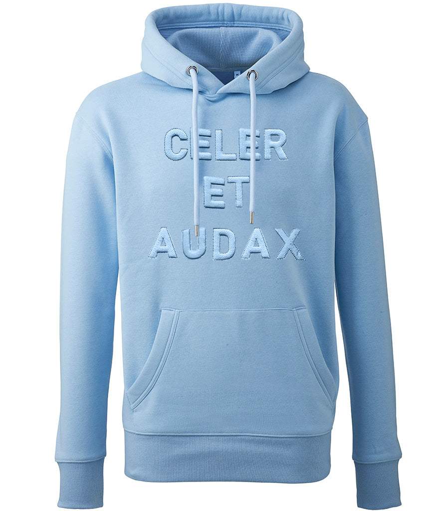 Royal Green Jackets Celer et Audax 3D Puff Embroidered Motto Hoodie in light blue.
