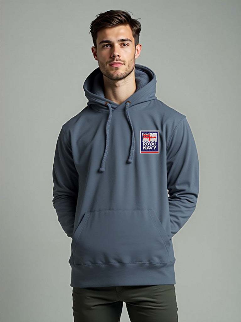 Stone Blue Royal Navy Hoodie featuring premium embroidered Royal Navy logo, modelled by a male, perfect military apparel for UK veterans, serving personnel, and supporters.