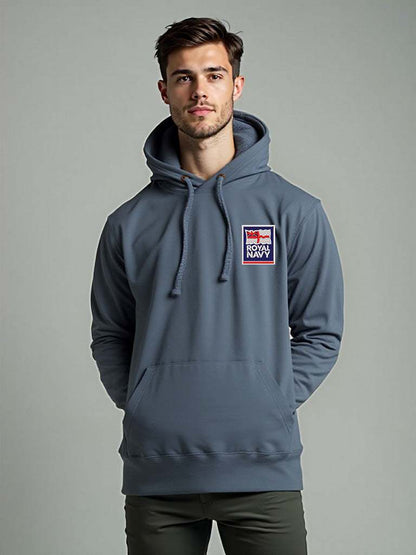 Stone Blue Royal Navy Hoodie featuring premium embroidered Royal Navy logo, modelled by a male, perfect military apparel for UK veterans, serving personnel, and supporters.