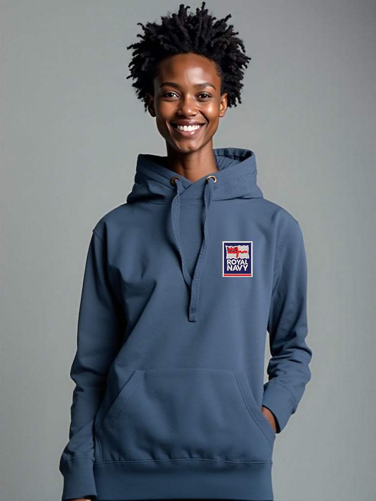 Stone blue Royal Navy Hoodie featuring premium embroidered Royal Navy logo, modelled by a female, perfect military apparel for UK veterans, serving personnel, and supporters.