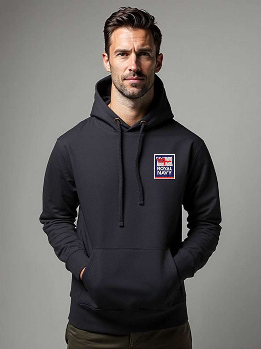 Navy Blue Royal Navy Hoodie featuring premium embroidered Royal Navy logo, modelled by a male, perfect military apparel for UK veterans, serving personnel, and supporters.