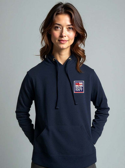 Navy blue Royal Navy Hoodie featuring premium embroidered Royal Navy logo, modelled by a female, perfect military apparel for UK veterans, serving personnel, and supporters.