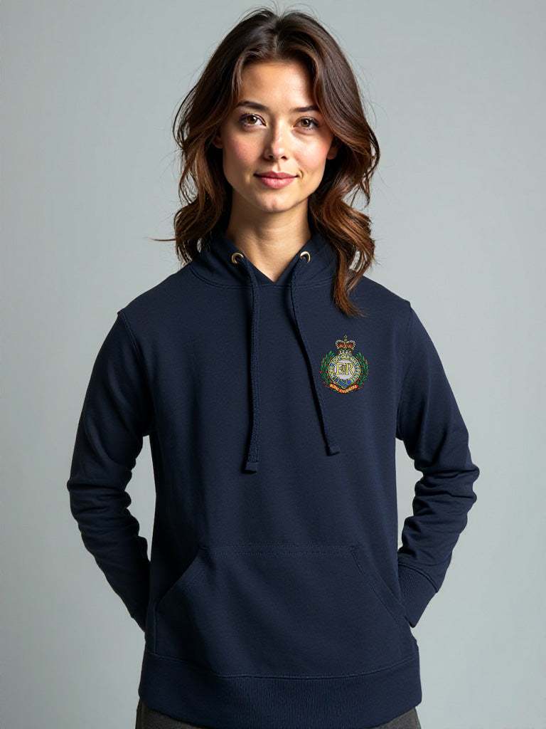 Navy Royal Engineers hoodie featuring premium embroidered Royal Engineers logo, modelled by a female. Ideal for UK veterans, serving Sappers, and proud supporters.