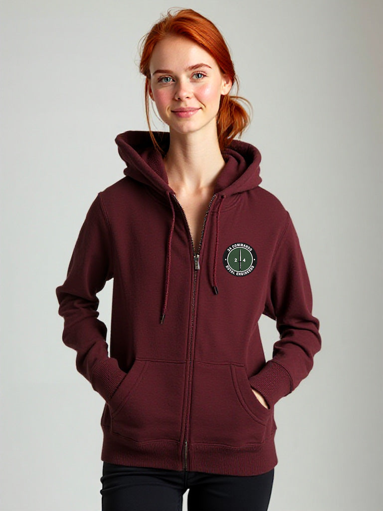 Female wearing Maroon 24 Commando Engineer Regiment Zipped Hoodie with embroidered Royal Engineers cap badge on left breast