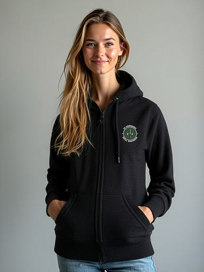 Female wearing black 24 Commando Engineer Regiment Zipped Hoodie with embroidered Royal Engineers cap badge on left breast