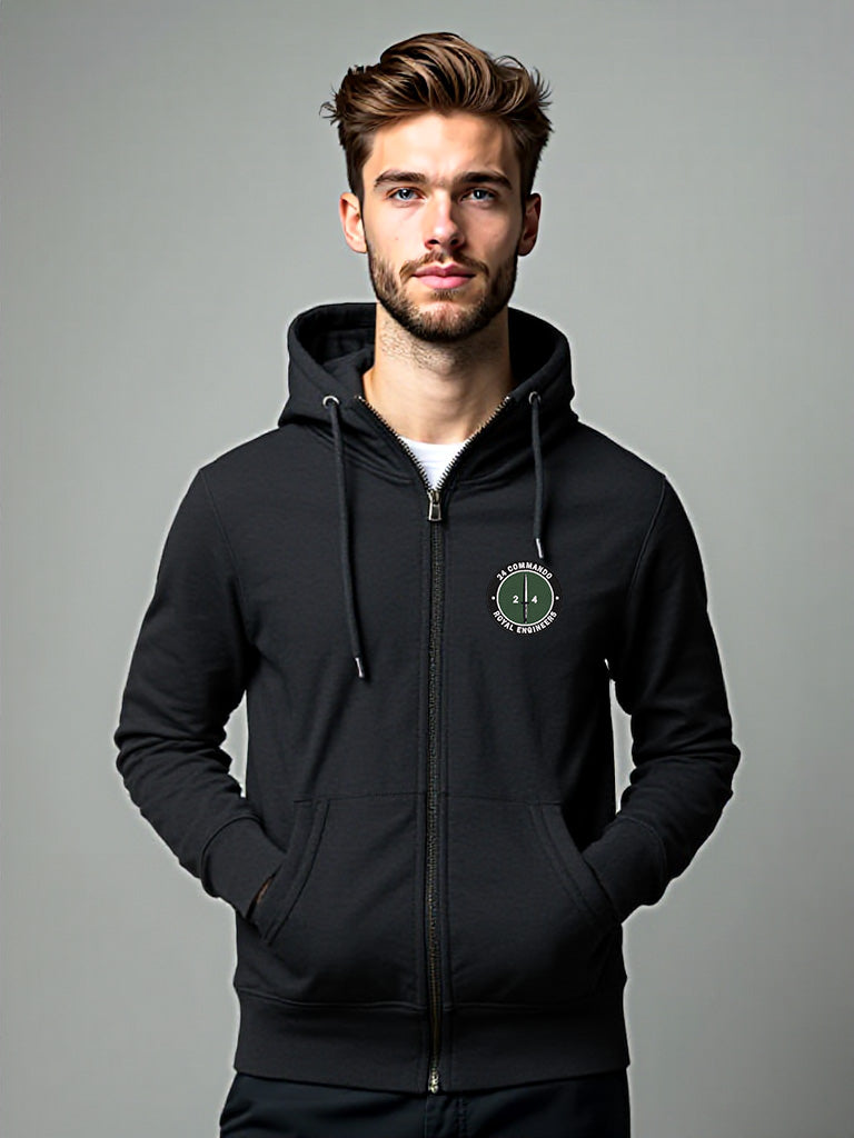 Male wearing Black 24 Commando Engineer Regiment Zipped Hoodie with embroidered Royal Engineers cap badge on left breast