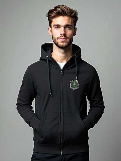 Male wearing Black 24 Commando Engineer Regiment Zipped Hoodie with embroidered Royal Engineers cap badge on left breast