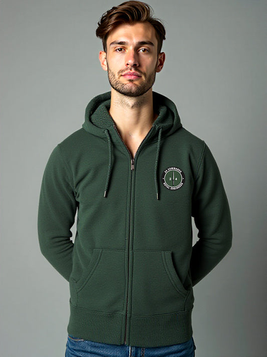 Male wearing Forest Green 24 Commando Engineer Regiment Zipped Hoodie with embroidered Royal Engineers cap badge on left breast