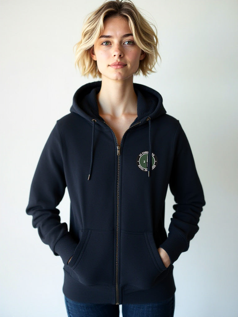 Female wearing Navy 24 Commando Engineer Regiment Zipped Hoodie with embroidered Royal Engineers cap badge on left breast