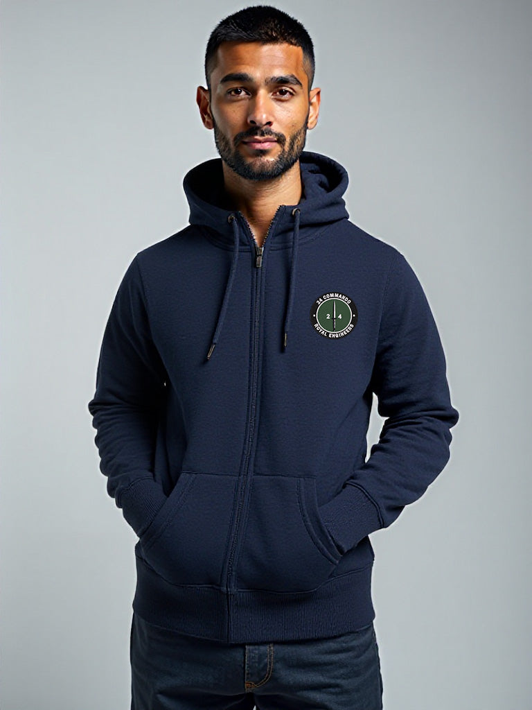 Male wearing Navy 24 Commando Engineer Regiment Zipped Hoodie with embroidered Royal Engineers cap badge on left breast