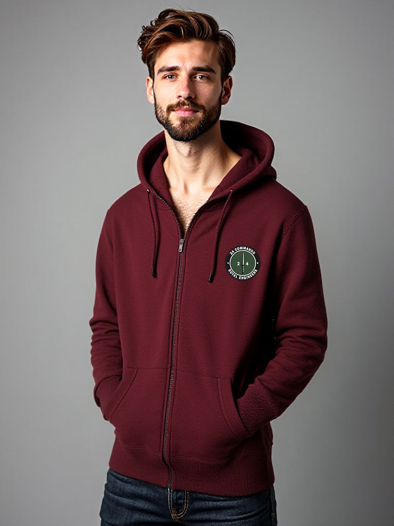 Male wearing Maroon 24 Commando Engineer Regiment Zipped Hoodie with embroidered Royal Engineers cap badge on left breast