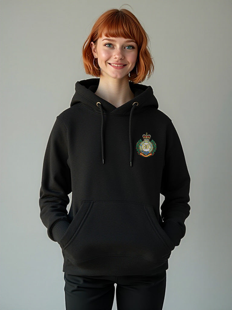 Female model wearing a black pullover hoodie with Royal Engineers crest on the left chest.