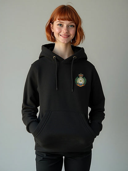 Female model wearing a black pullover hoodie with Royal Engineers crest on the left chest.