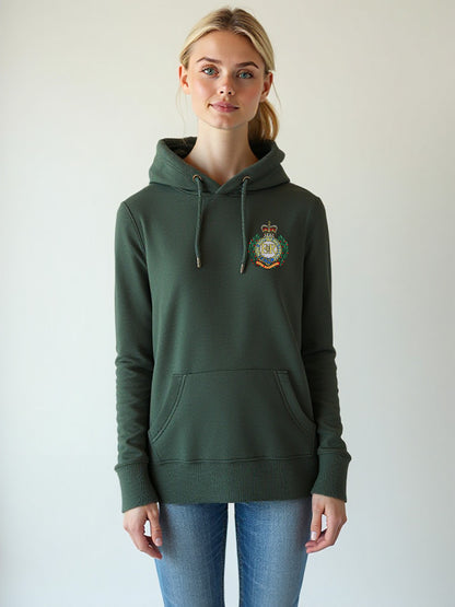  Female model wearing a forest green pullover hoodie with Royal Engineers crest on the left chest.