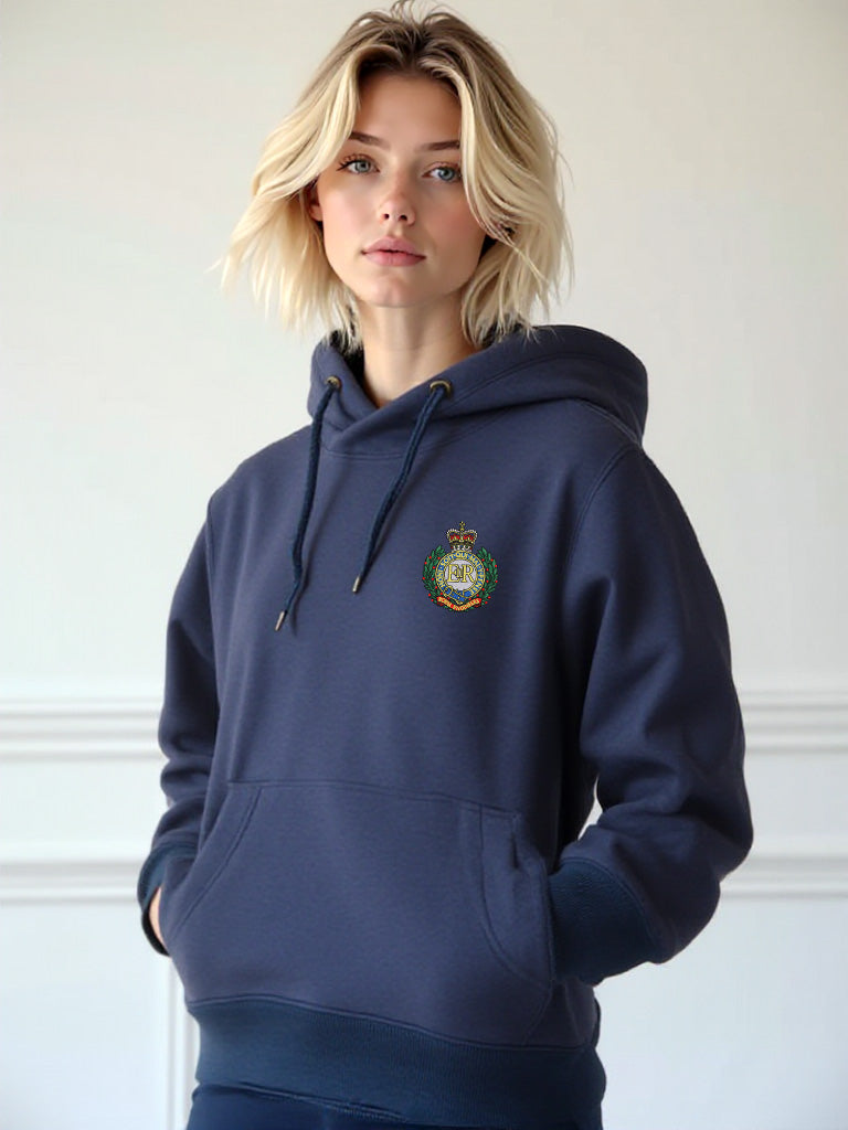 Female model wearing a navy pullover hoodie with Royal Engineers crest on the left chest.
