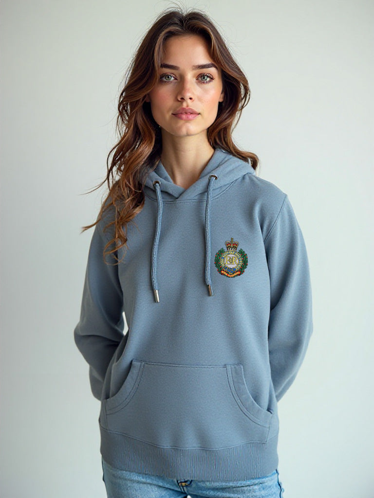 Female model wearing a storm blue pullover hoodie with Royal Engineers crest on the left chest.