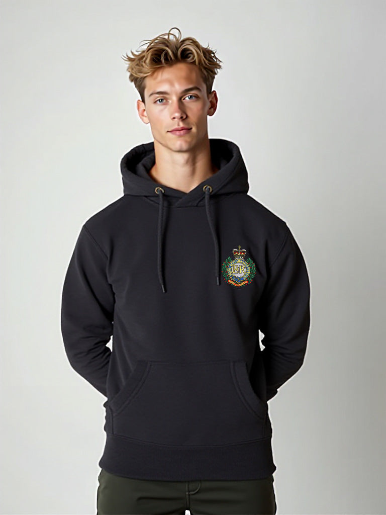 Male model wearing a black pullover hoodie with Royal Engineers crest on the left chest.