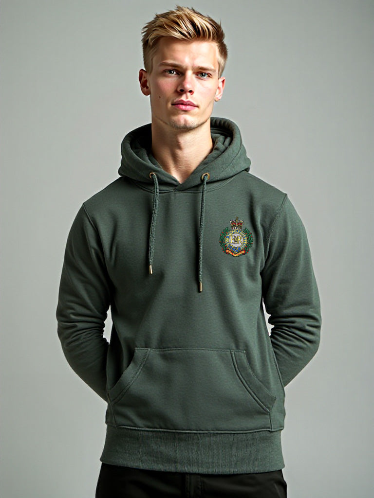 Male model wearing a forest green pullover hoodie with Royal Engineers crest on the left chest.