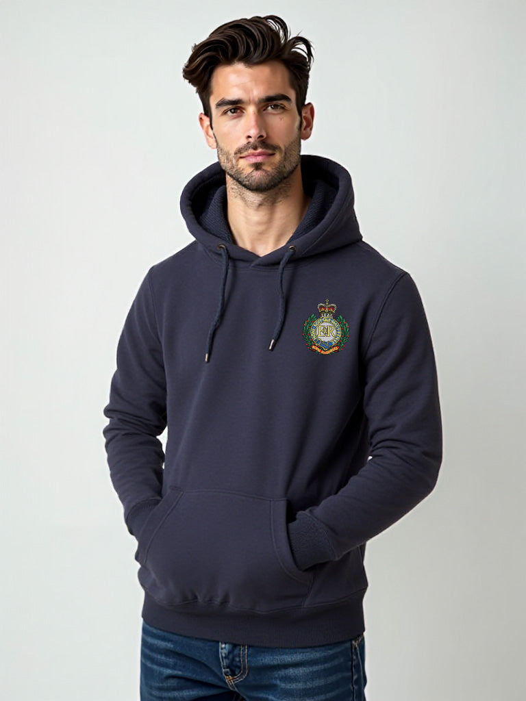 Male model wearing a navy pullover hoodie with Royal Engineers crest on the left chest.