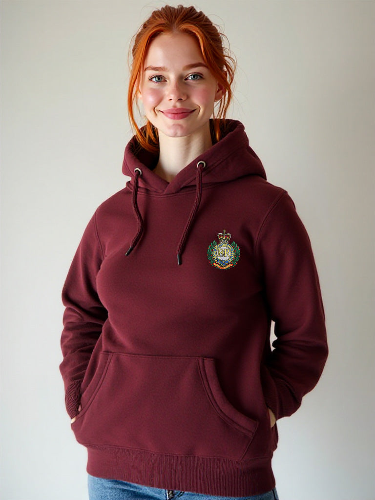 Female model wearing a maroon pullover hoodie with Royal Engineers crest on the left chest.