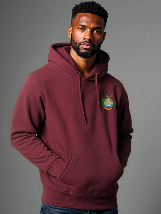 Male model wearing a maroon pullover hoodie with Royal Engineers crest on the left chest.