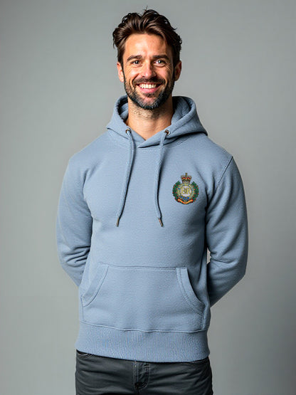Male model wearing a storm blue pullover hoodie with Royal Engineers crest on the left chest.