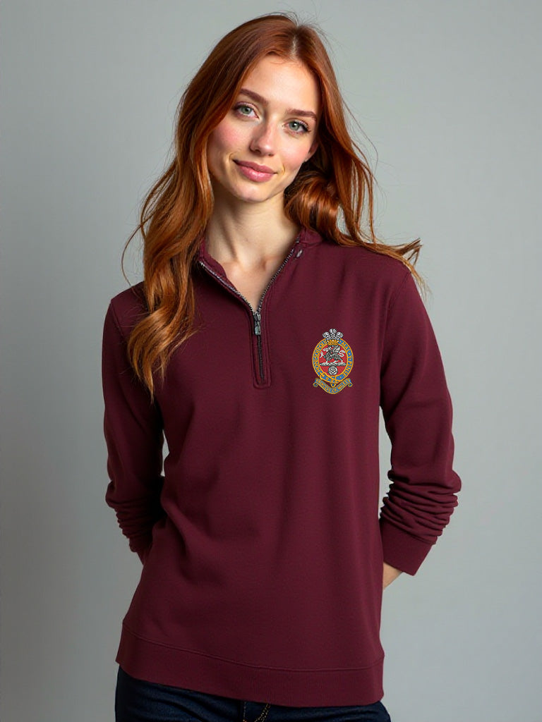 PWRR (Princess of Wales’s Royal Regiment) Half Zip Sweatshirt in Maroon – Female Model Wearing Embroidered Crest on Chest

Feel free to drop the next one when you’re ready.
