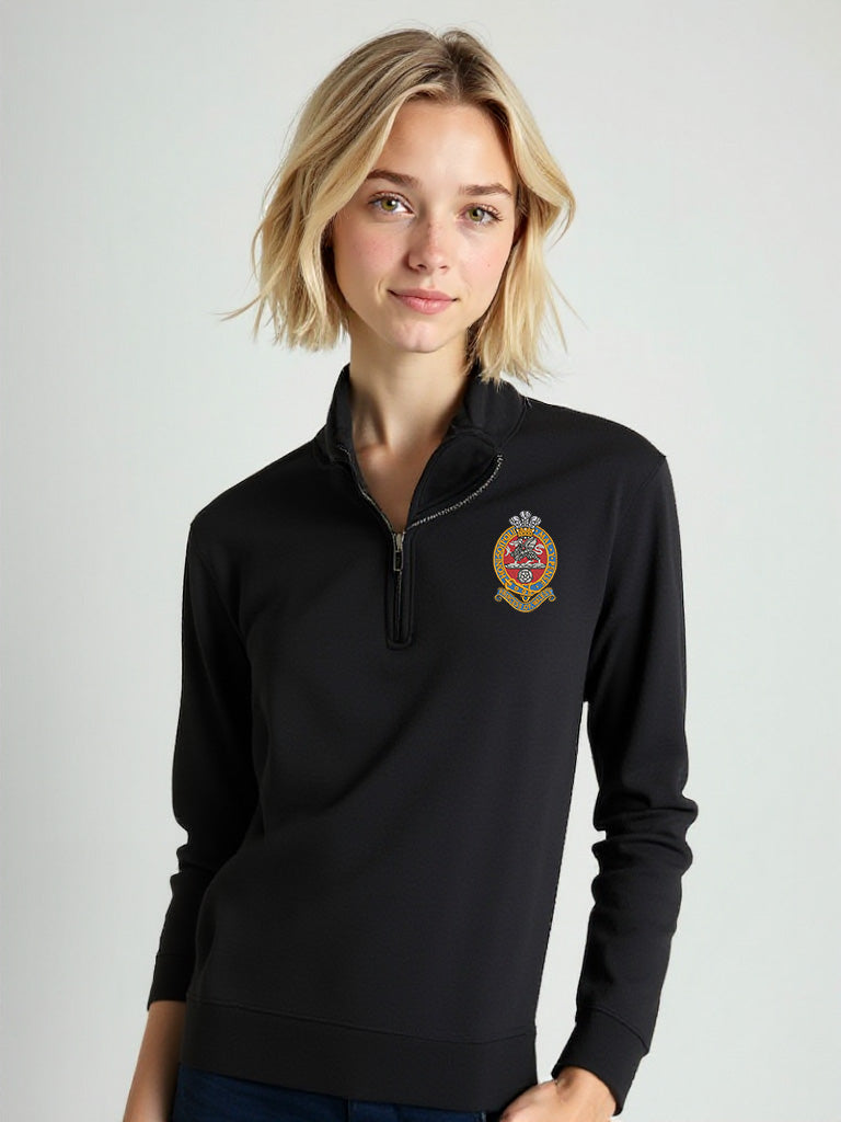 PWRR (Princess of Wales’s Royal Regiment) Half Zip Sweatshirt in Black – Female Model Wearing Embroidered Crest on Chest