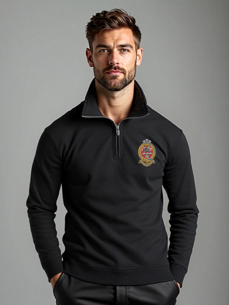 PWRR (Princess of Wales’s Royal Regiment) Half Zip Sweatshirt in Black – Male Model Wearing Embroidered Crest on Chest