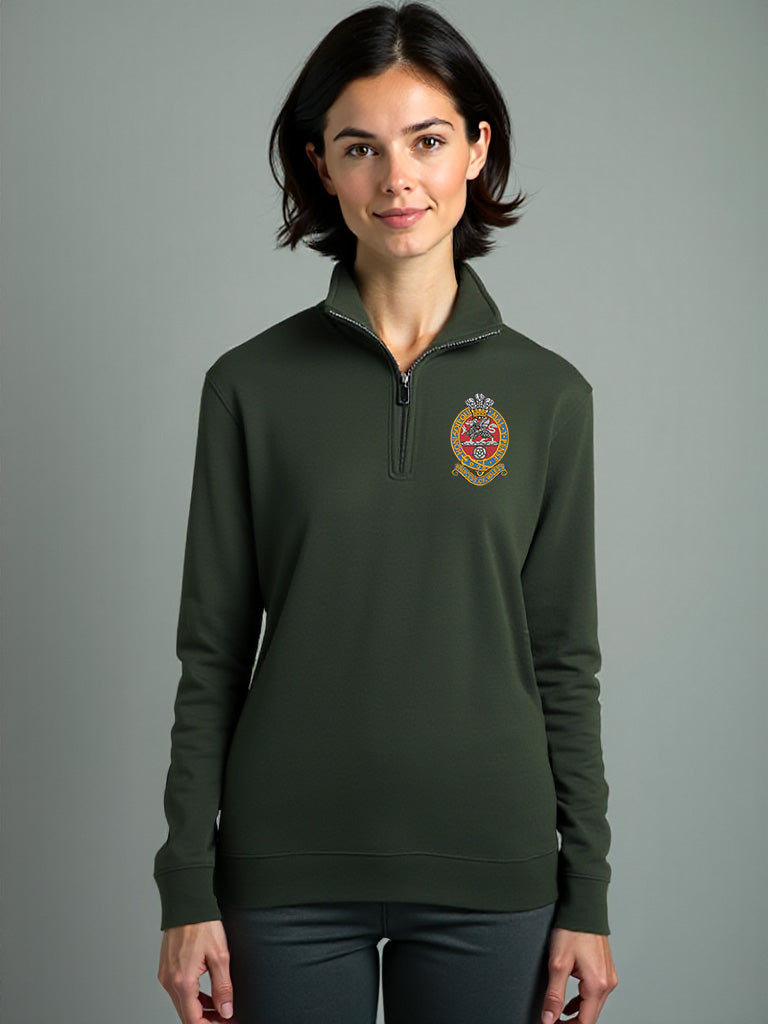 PWRR (Princess of Wales’s Royal Regiment) Half Zip Sweatshirt in Bottle Green – Female Model Wearing Embroidered Crest on Chest