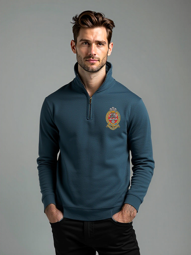 PWRR (Princess of Wales’s Royal Regiment) Half Zip Sweatshirt in French Navy – Male Model Wearing Embroidered Crest on Chest