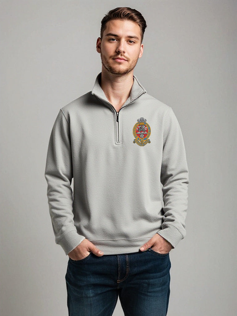 PWRR (Princess of Wales’s Royal Regiment) Half Zip Sweatshirt in Grey – Male Model Wearing Embroidered Crest on Chest