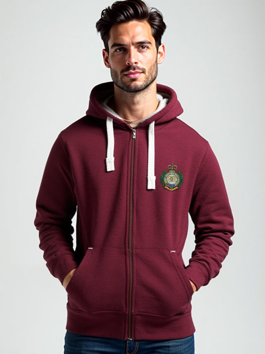 Royal Engineers Full Zip Hoodie in Maroon – Male Model Wearing Hoodie with Embroidered Royal Engineers Crest on Chest