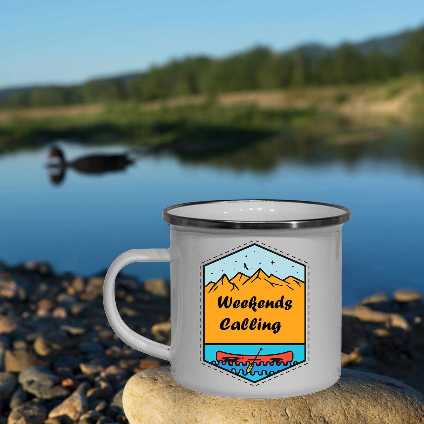 WEEKENDS CALLING ENAMEL MUG - Flamingo Rock®