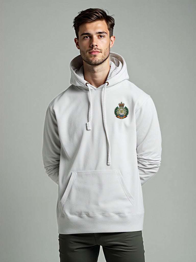 White Royal Engineers Hoodie featuring premium embroidered Royal Engineers logo, perfect military apparel for UK veterans, serving personnel, and supporters.