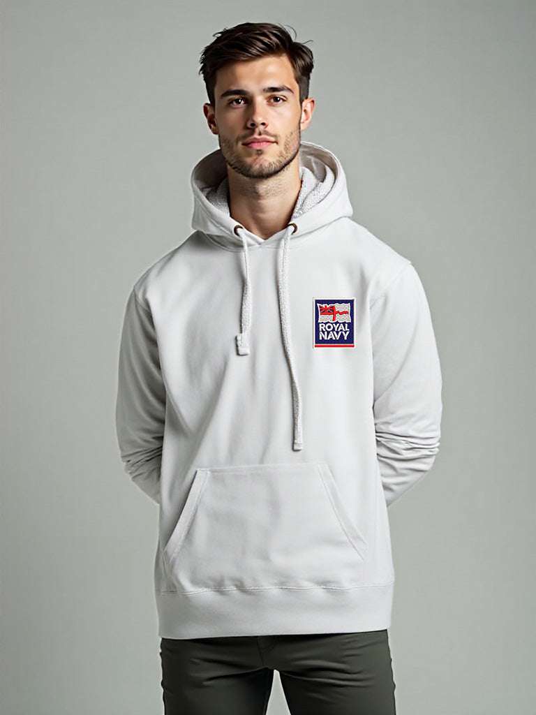 White Royal Navy Hoodie featuring premium embroidered Royal Navy logo, modelled by a male, perfect military apparel for UK veterans, serving personnel, and supporters.