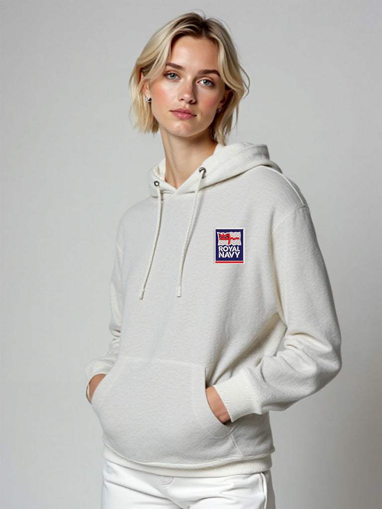 White Royal Navy Hoodie featuring premium embroidered Royal Navy logo, modelled by a female, perfect military apparel for UK veterans, serving personnel, and supporters.