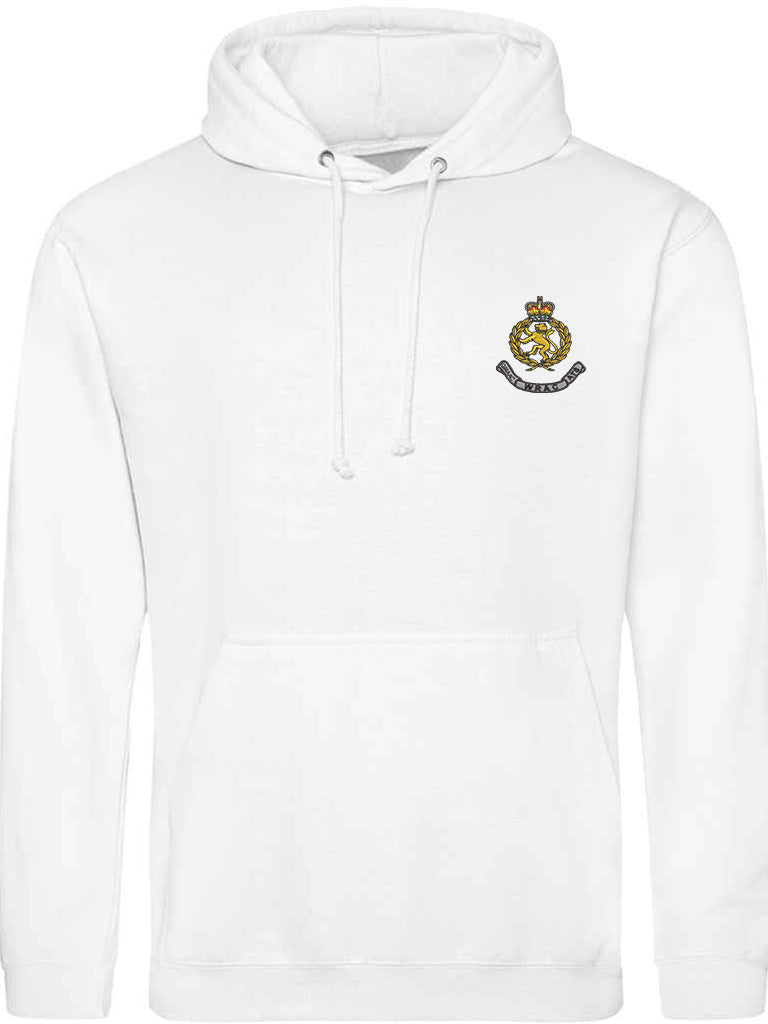 Female model in a white WRAC hoodie, WRAC crest on the left chest, presented with a clean and simple composition.