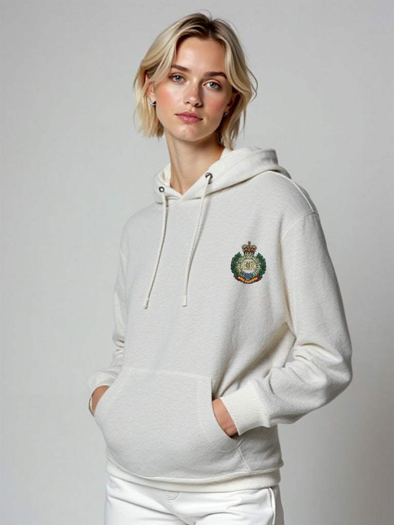 White  Royal Engineers hoodie featuring premium embroidered Royal Engineers logo, modelled by a female. Ideal for UK veterans, serving Sappers, and proud supporters.