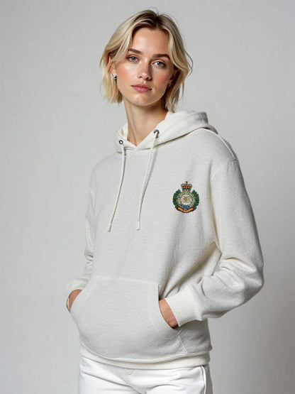 White  Royal Engineers hoodie featuring premium embroidered Royal Engineers logo, modelled by a female. Ideal for UK veterans, serving Sappers, and proud supporters.