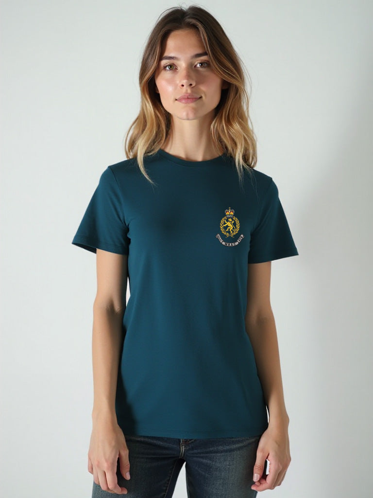 Female model wearing a storm blue WRAC t-shirt, featuring the WRAC badge on the chest, styled casually for everyday wear.