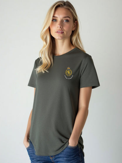 Female model in a charcoal WRAC t-shirt with the WRAC crest embroidered on the left chest, posed against a plain light background.