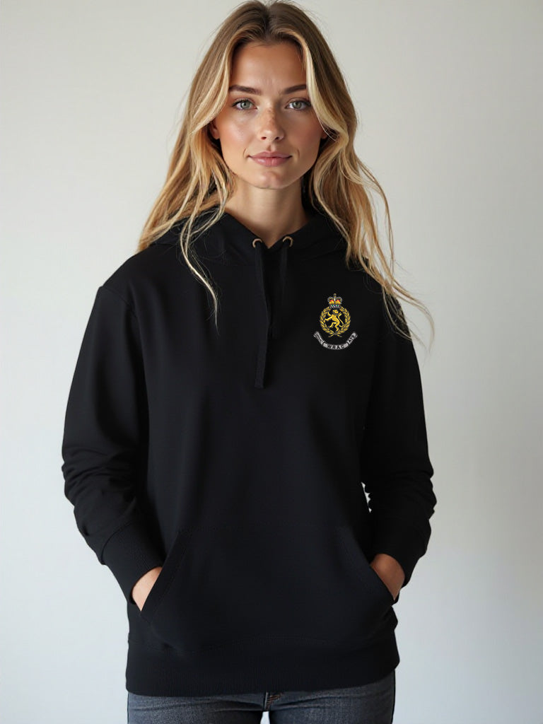 Female model in a black WRAC hoodie featuring a waffle-lined hood and embroidered WRAC logo on the left chest.