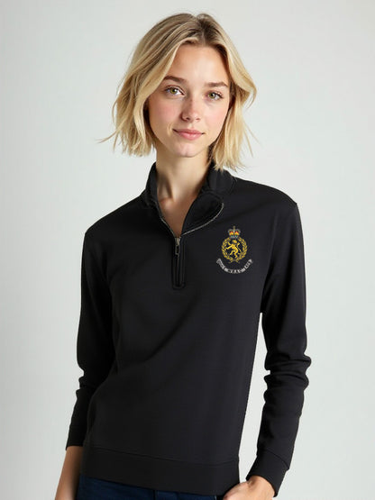 ChatGPT said:
Thanks for clarifying! Here's the alt text for the WRAC half-zip sweatshirt – female in the colour maroon, along with versions for the other colours you might be using:

WRAC Female Half-Zip Sweatshirt – Alt Text by Colour
Maroon:
Female model wearing a maroon WRAC half-zip sweatshirt with the WRAC crest embroidered on the left chest, standing casually with hands behind back.

Black:
Female model in a black WRAC half-zip sweatshirt featuring the WRAC insignia on the left chest, posed simply ag
