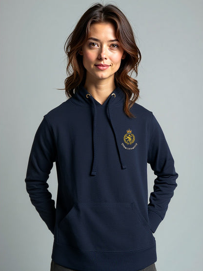 Female model wearing a navy WRAC hoodie with the WRAC crest on the left chest, shown standing against a plain background.